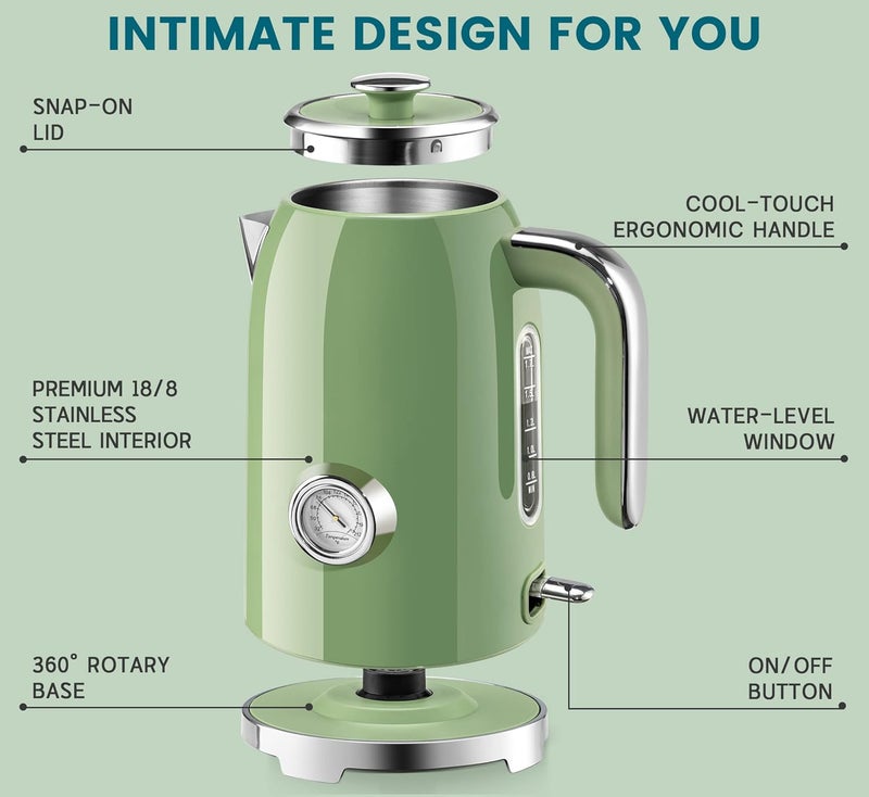 susteas Electric Kettle - 57oz Hot Tea Water Boiler with Thermometer, 1500W Fast Heating Stainless Steel Pot, Cordless LED Indicator, Auto Shut-Off & Boil Dry Protection, Retro Green - Image 3